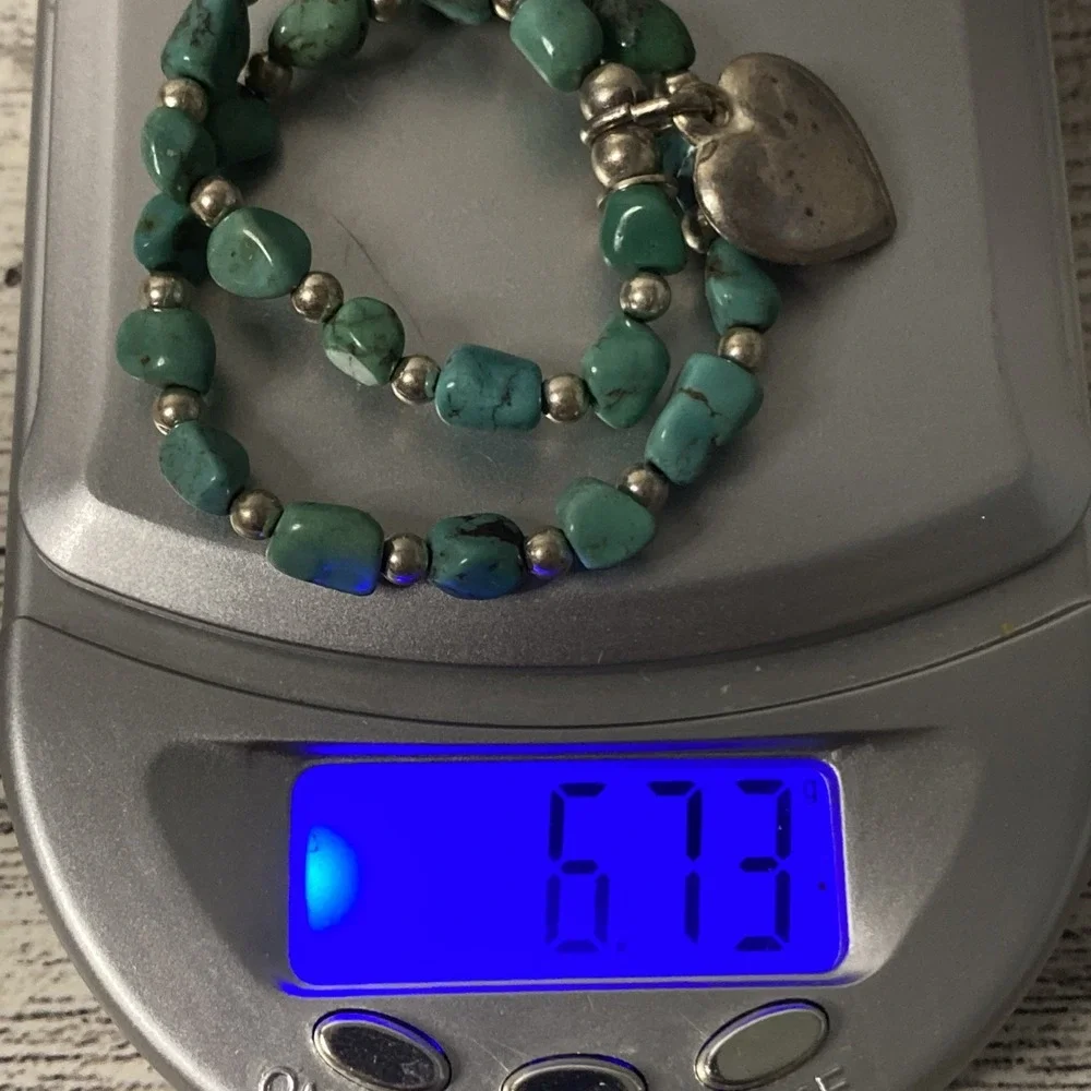 Vtg Turquoise & Sterling Silver Bead Stretch Bracelet W/ 925 Italy Heart Charm